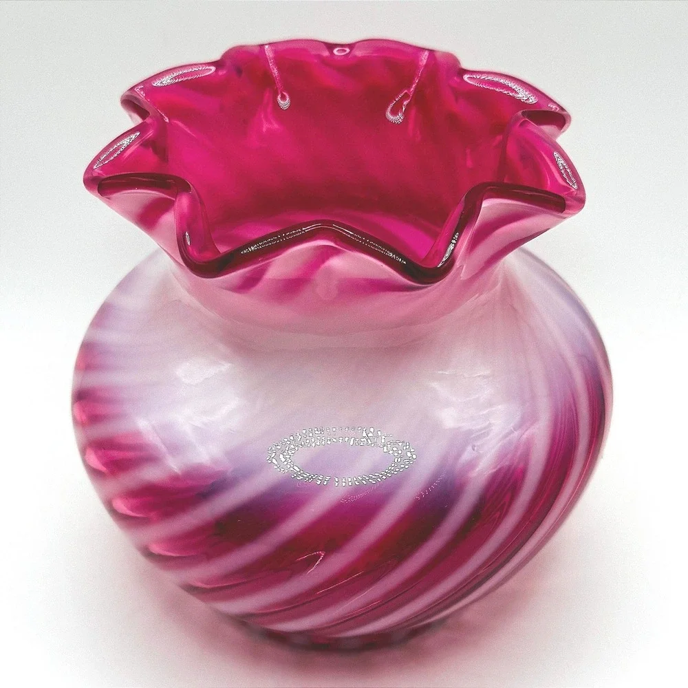 Fenton Vintage Cranberry Opalescent Swirl Art Glass Vase Ruffled Rim Hand Blown